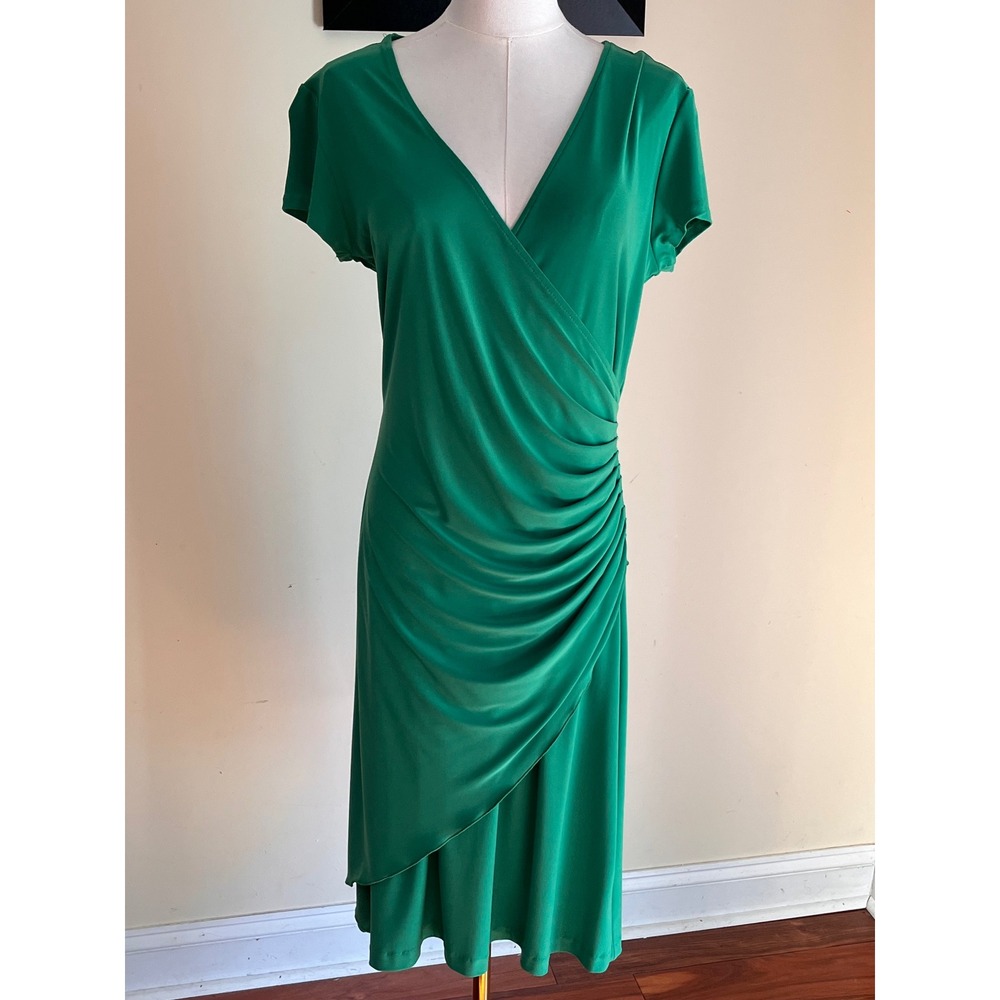 Janine London Paris New York Green Draped Ruched Jersey Dress Vintage Large - Picture 2 of 6